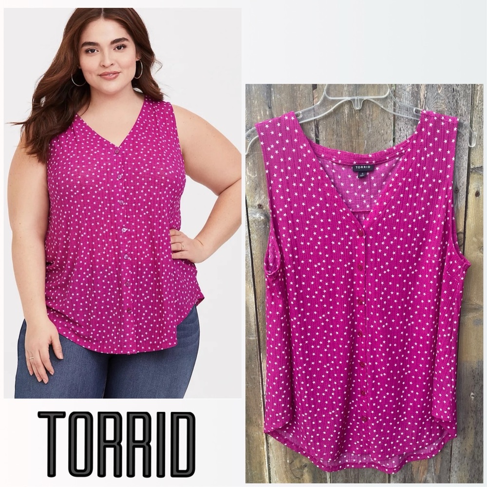Torrid Magenta White Stars Button Up Flowy Sleeveless Blouse Sz. Large